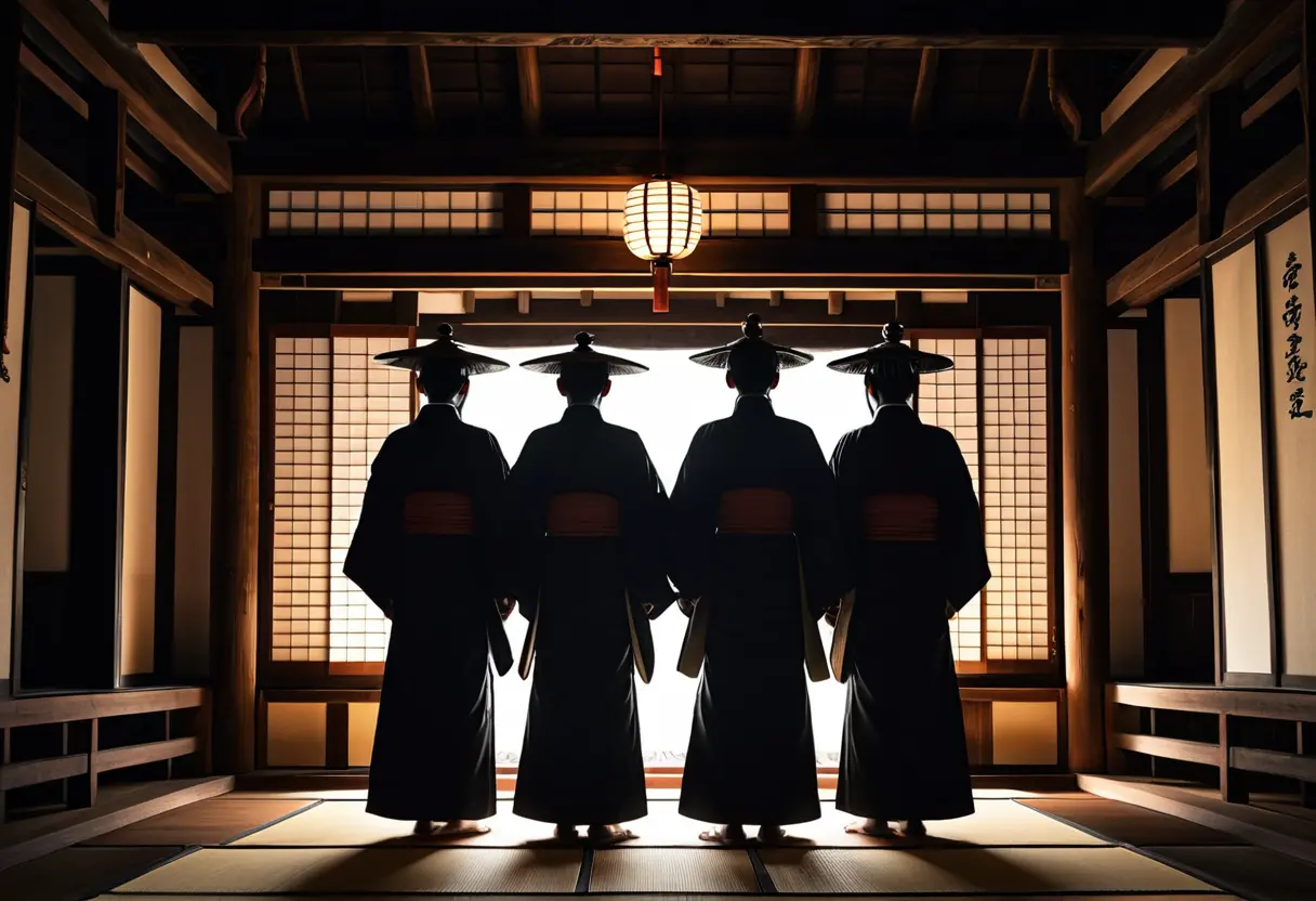 Shinto priests in shadow.