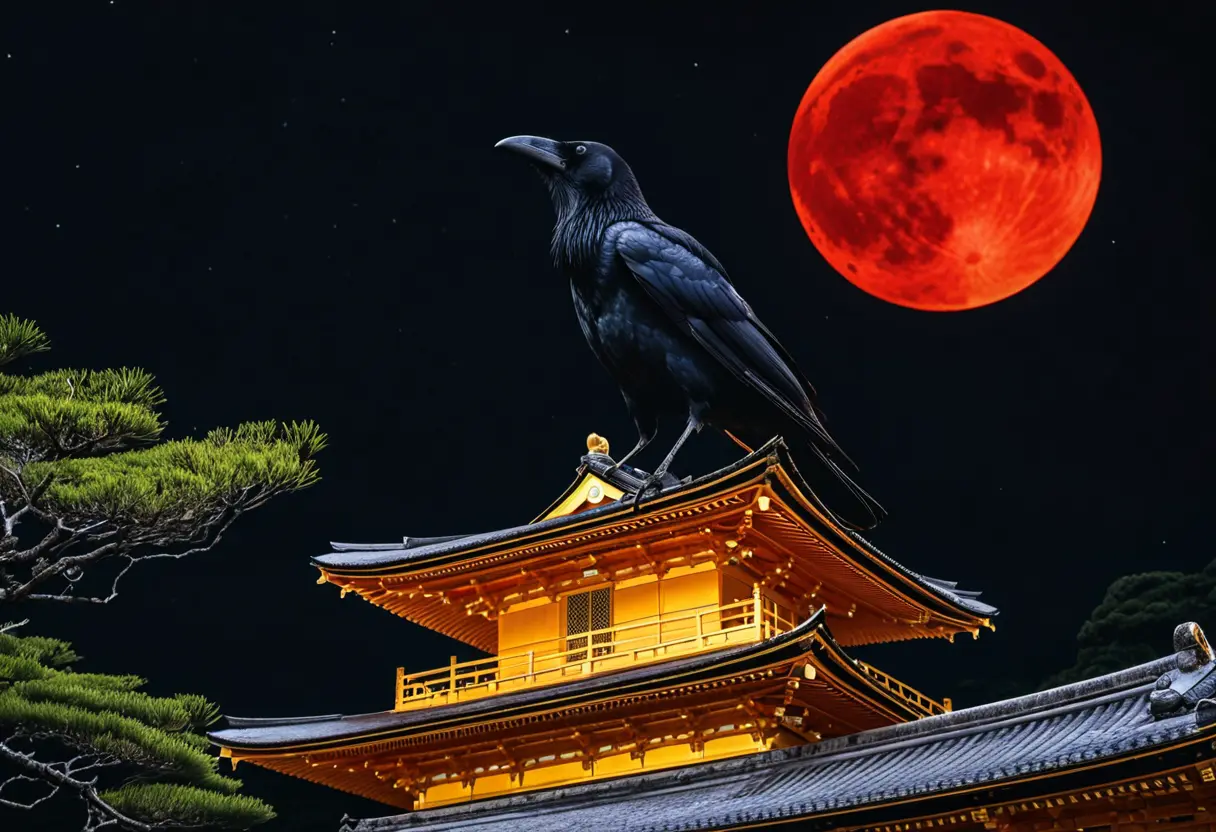 Crow flying over Kyoto night.