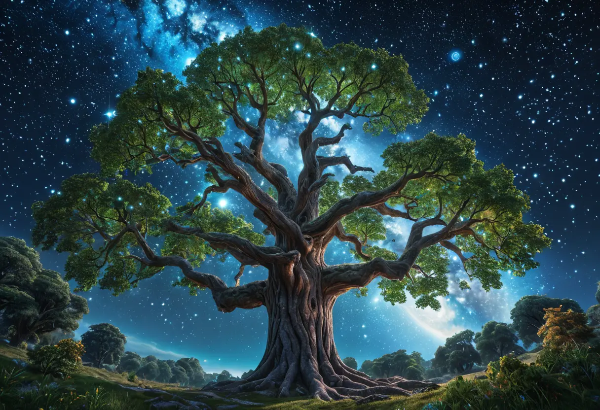 A diagram of nine worlds suspended among the branches of a giant tree.