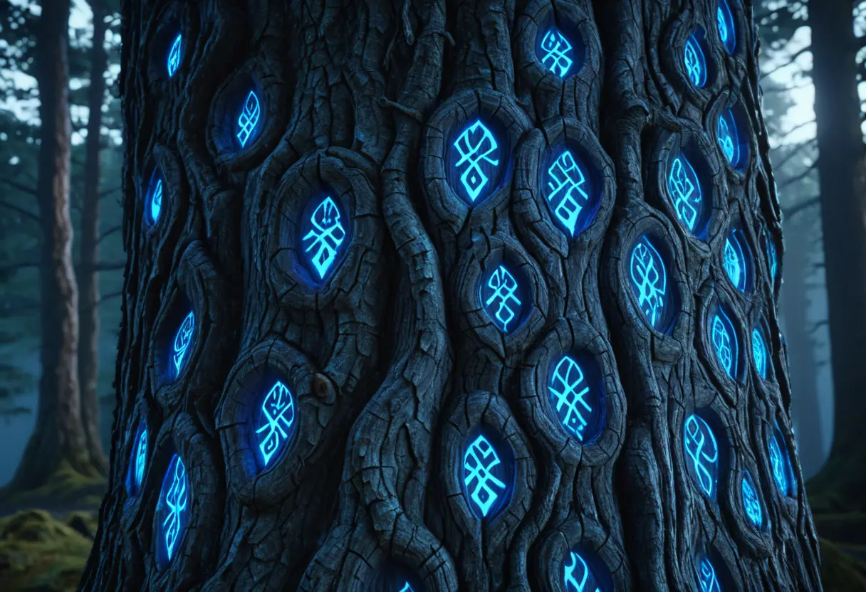 Glowing blue runes inscribed on the bark of a massive tree.