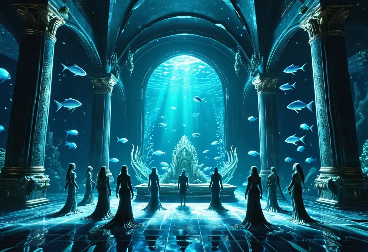 A group of Deep Ones gathering around a glowing stone altar.