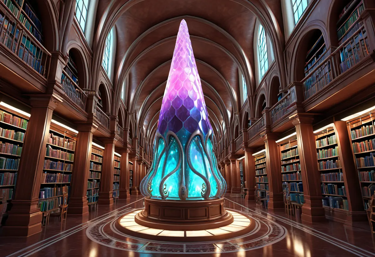 A cone-shaped Yithian entity in a vast subterranean library.