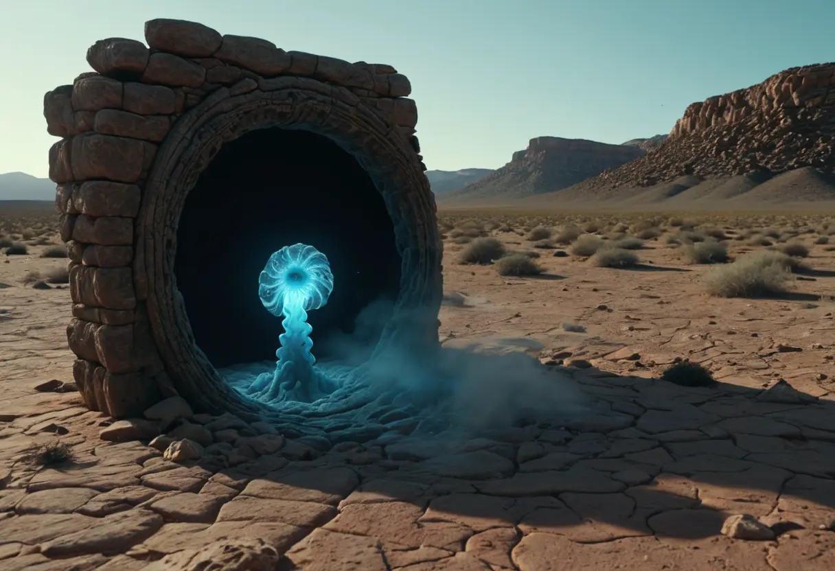 A dark, swirling vortex emerging from a trapdoor in the desert.