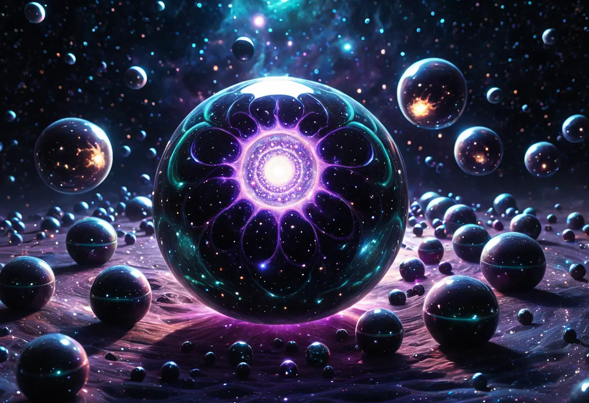 Cosmic conglomeration of iridescent spheres in a warped void.