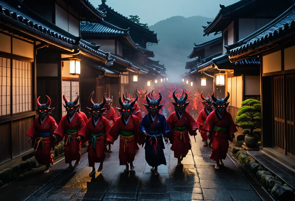 A group of diverse Yokai spirits walking through an old village.