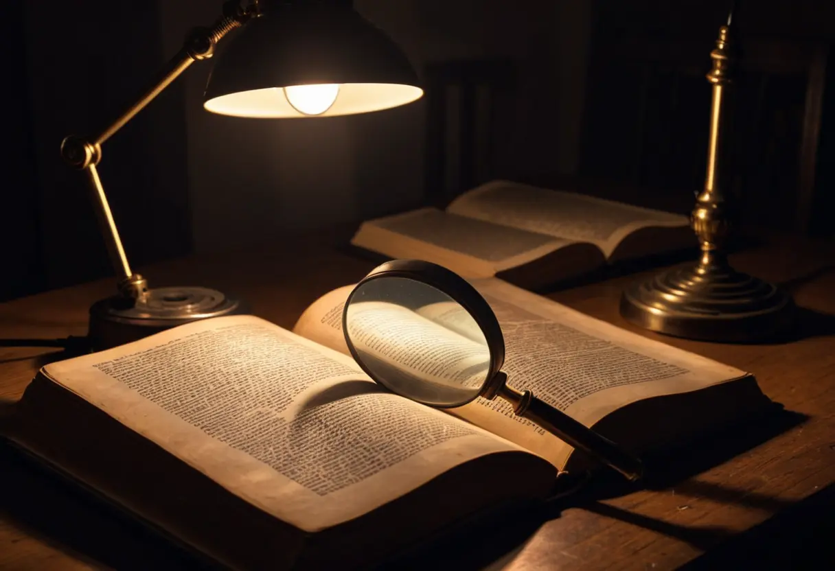 A close-up of an open book under a dim lamp with a faint glow on some words.