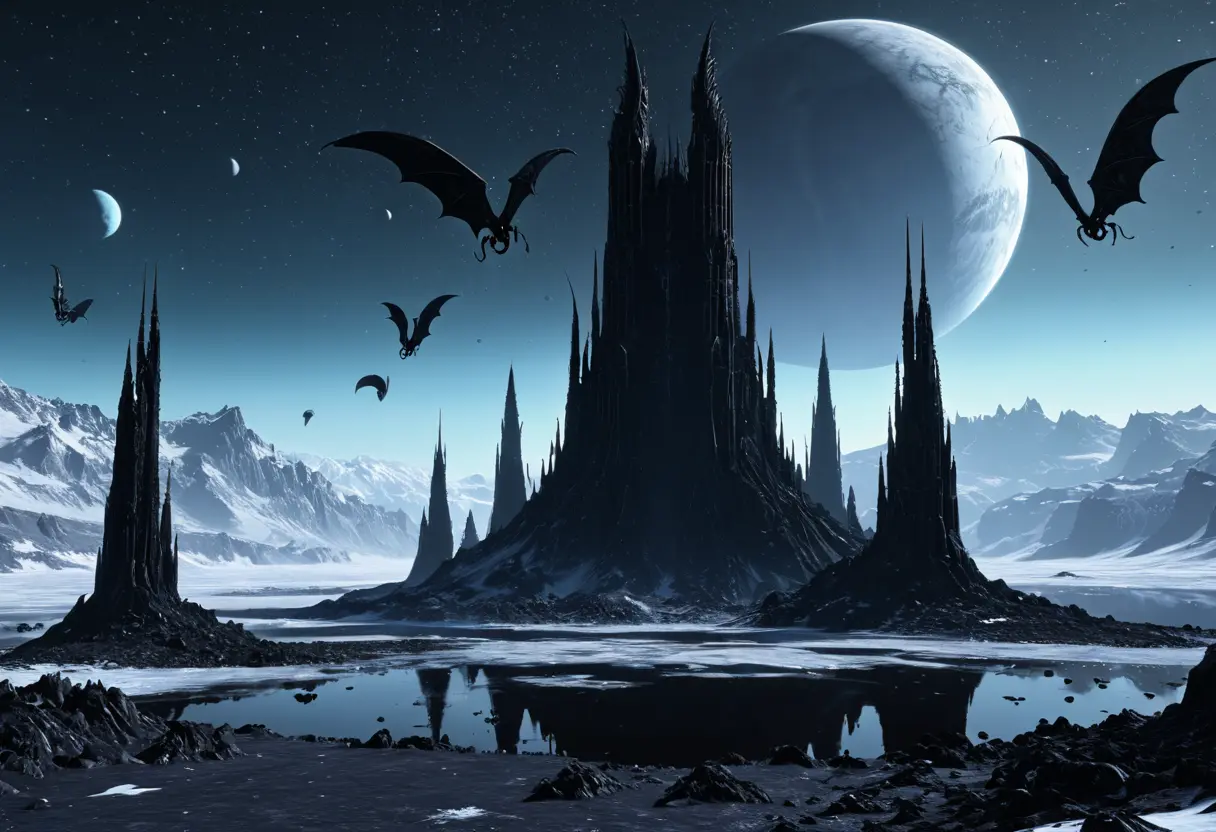 Windowless black towers on Yuggoth under a distant sun.