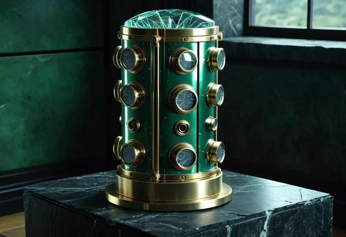 A metallic cylinder with wires in a dark, alien room.