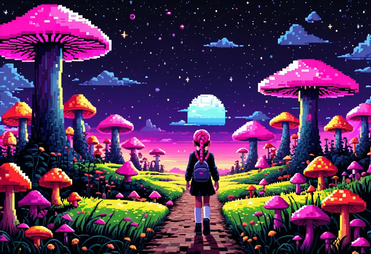 A colorful but strange pixel world with a girl.