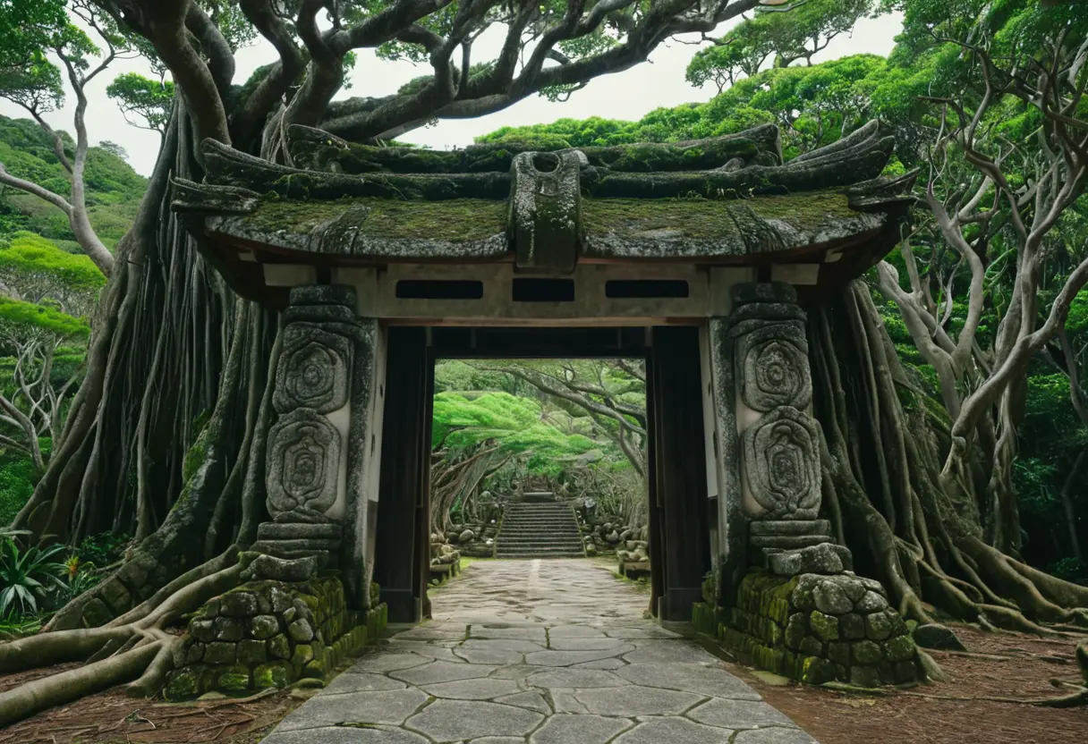 A stone gateway in a dense green forest by the sea.