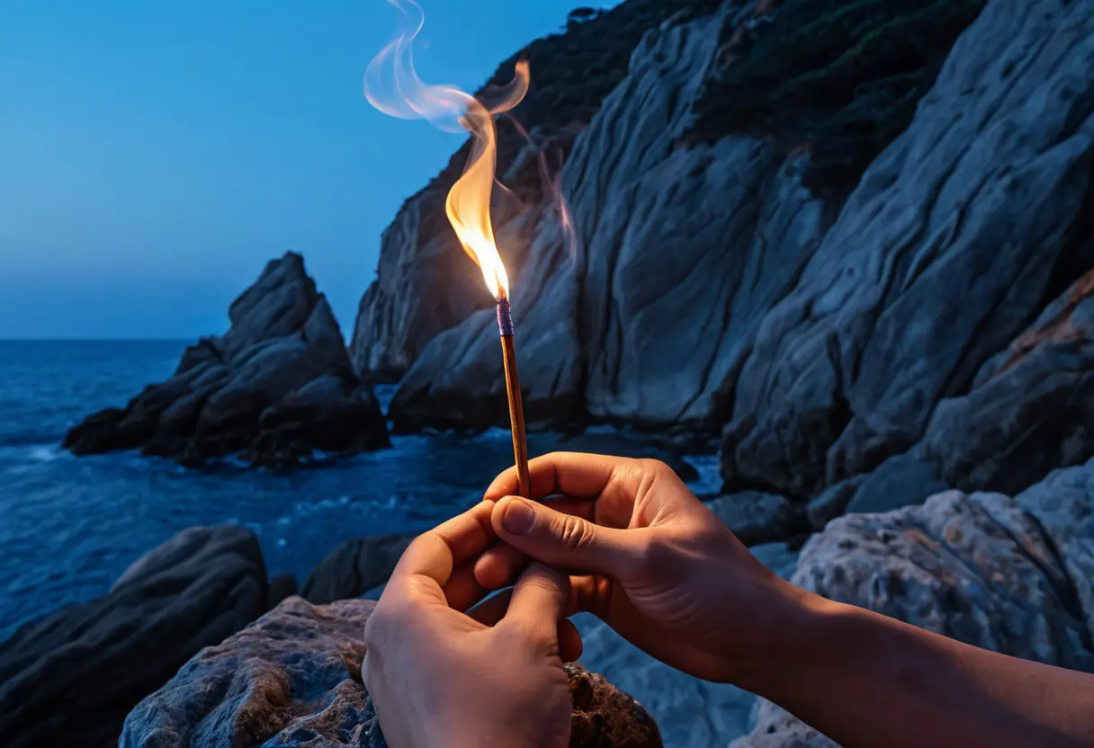 An old woman praying with incense at a rocky shore.