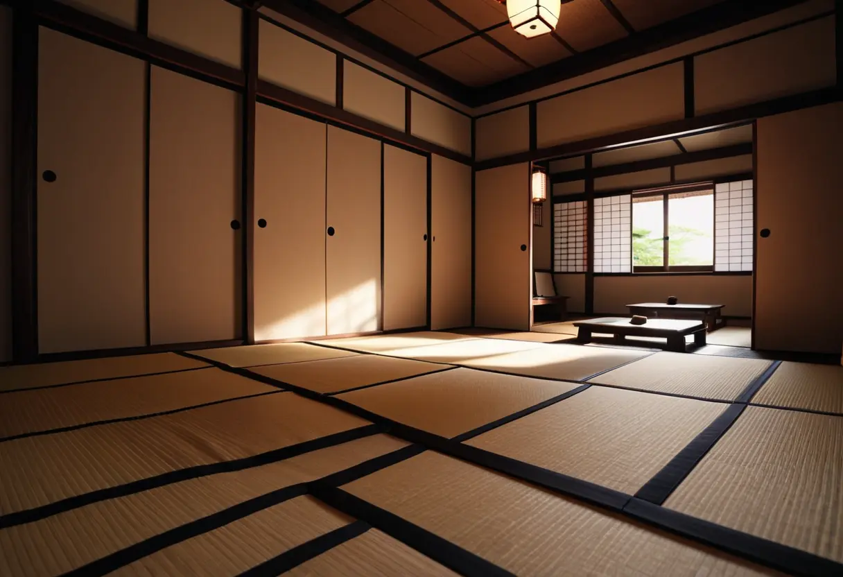 A traditional Japanese room with mysterious small footprints on the tatami.