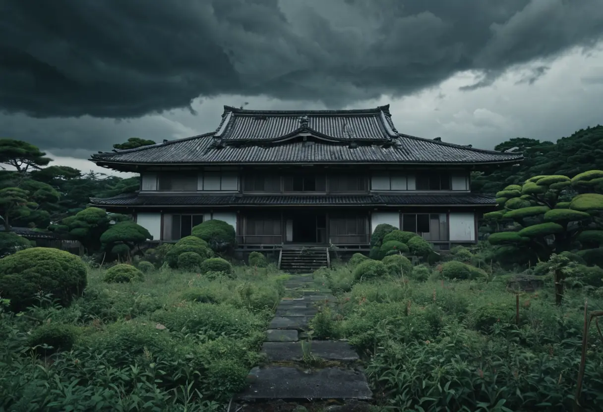 A desolate, abandoned Japanese mansion with shadows.