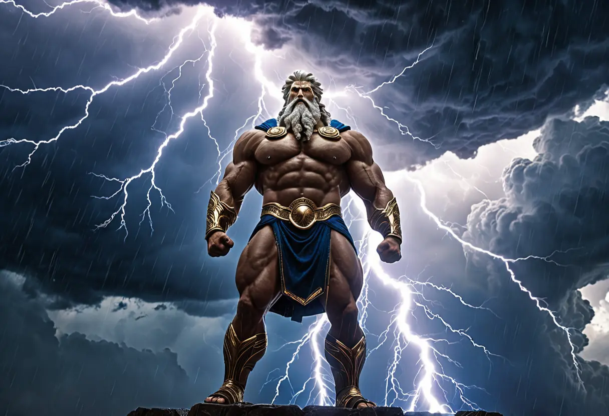 Zeus fighting titans with lightning.
