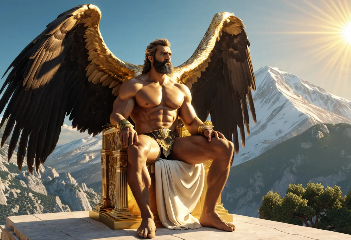 Zeus sitting on a golden throne.