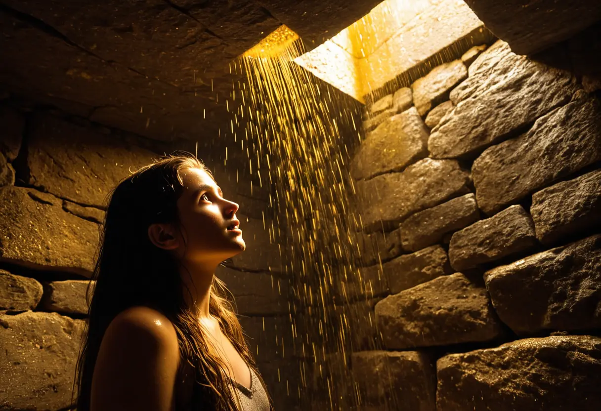 Golden rain falling in a dark prison.