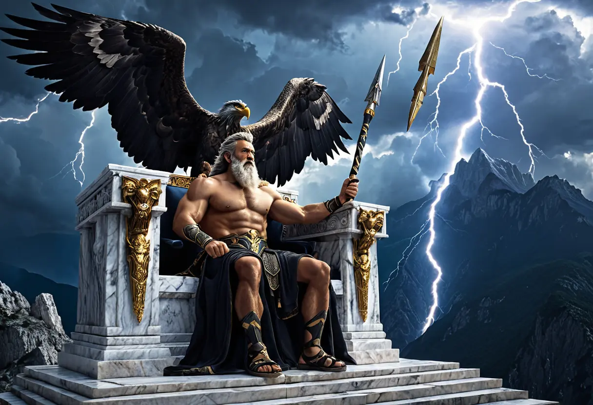 Zeus sitting on his throne with a thunderbolt.