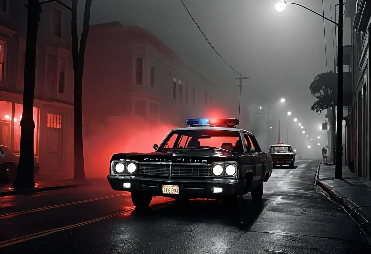 A foggy San Francisco road at night illuminated by police lights.