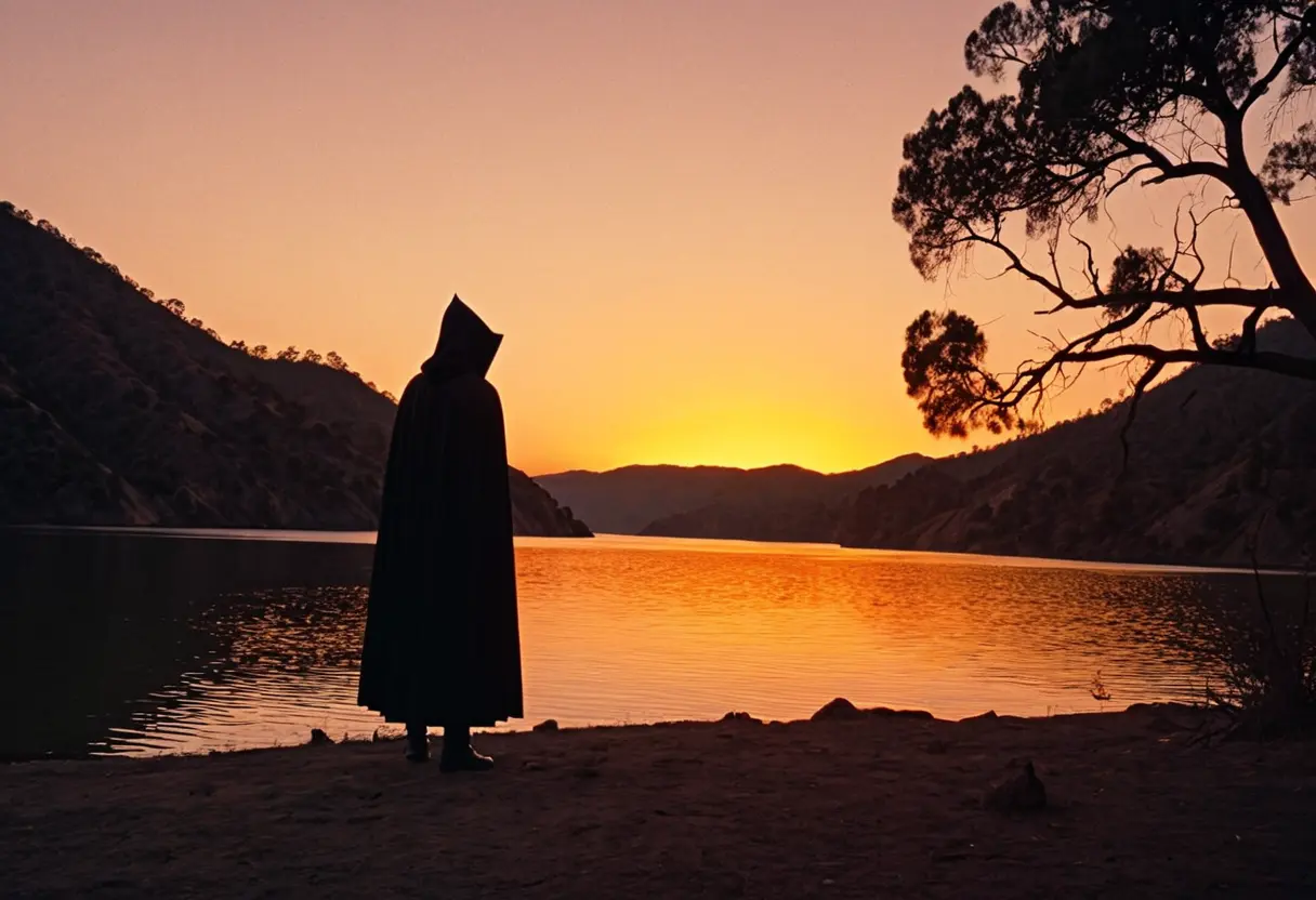A hooded figure by a lake.