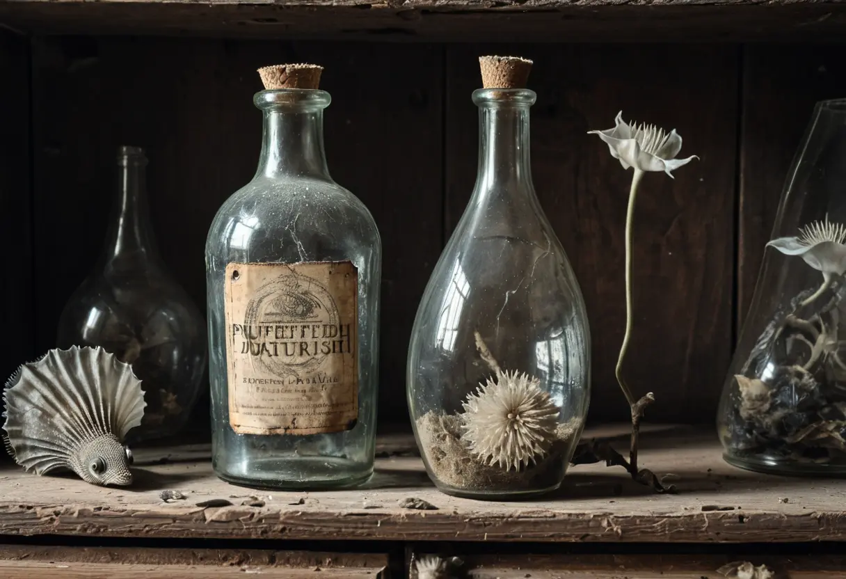 A dusty apothecary bottle labeled in French.