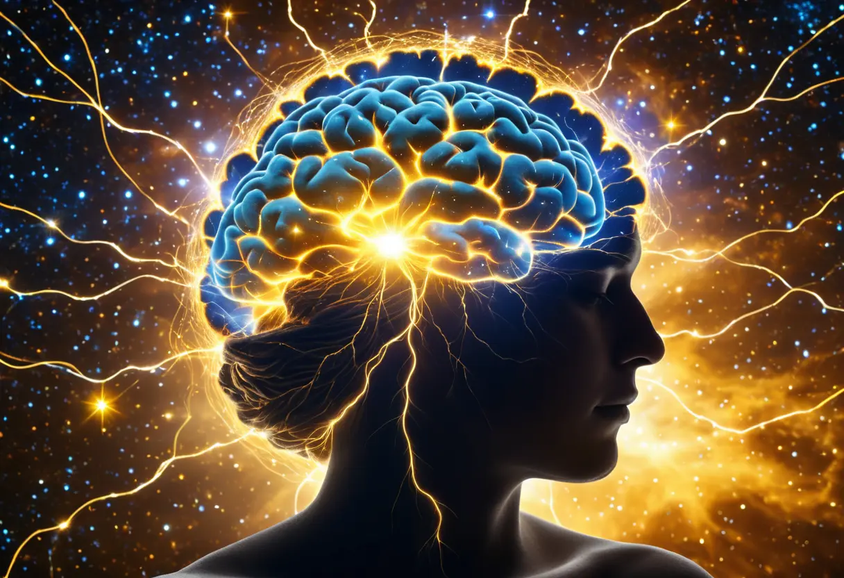 宇宙の星々と脳のニューロンが重なり合い、遠く離れた意識がつながっている幻想的なイメージ