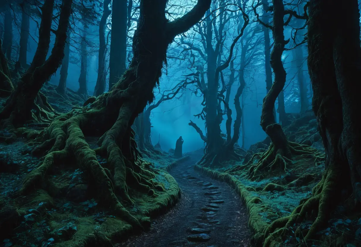 霧に包まれたドイツの黒い森（シュヴァルツヴァルト）。古い石造りの道が森の奥へと続いており、木々の間から発光する不気味な目がこちらを伺っている。