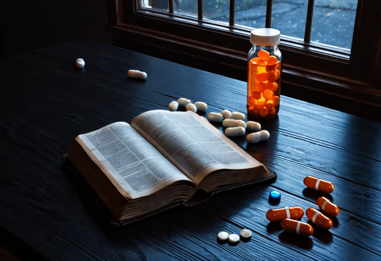 聖書を開いた手と、処方薬が置かれたテーブル。宗教と医学の対立を象徴するイメージ