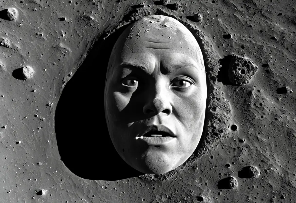 1970年代の粗いモノクロ衛星写真。火星の地表に、影によってはっきりと顔のように見える巨大な岩山が映っている。