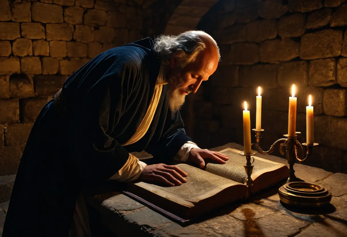 蝋燭の火に照らされた古い書斎で、羊皮紙に描かれた複雑な錬金術の象徴図解を食い入るように見つめる、中世の衣装を着た男の横顔。