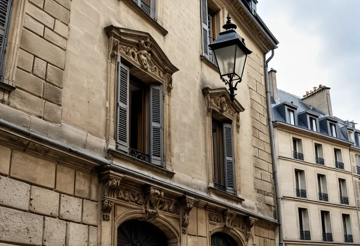 現代のパリの街角に佇む、石造りの極めて古い家。壁面には古い文字が刻まれており、歴史の重みを感じさせる。
