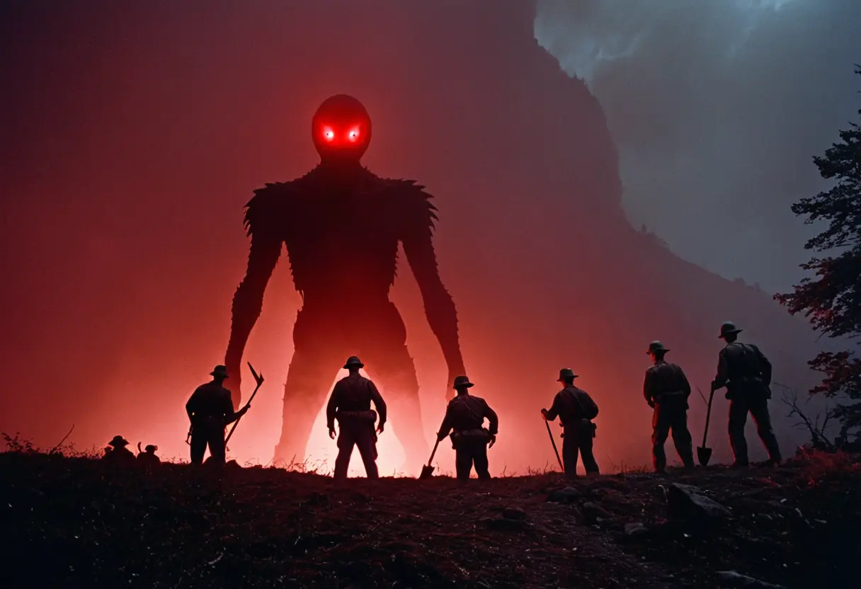 夜の丘の上、赤い霧が立ち込める中、懐中電灯を向ける人々。その先に巨大な影が浮かび上がっている。