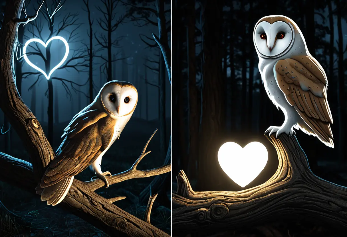 木の上に止まるメンフクロウと、宇宙人の姿を対比させるようなイメージ。