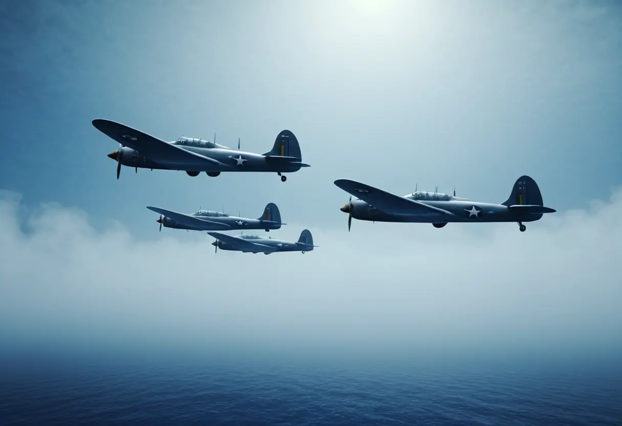 白い霧の中に吸い込まれていく5機のアベンジャー雷撃機。翼が半分ほど不自然な光に透けて見えている。