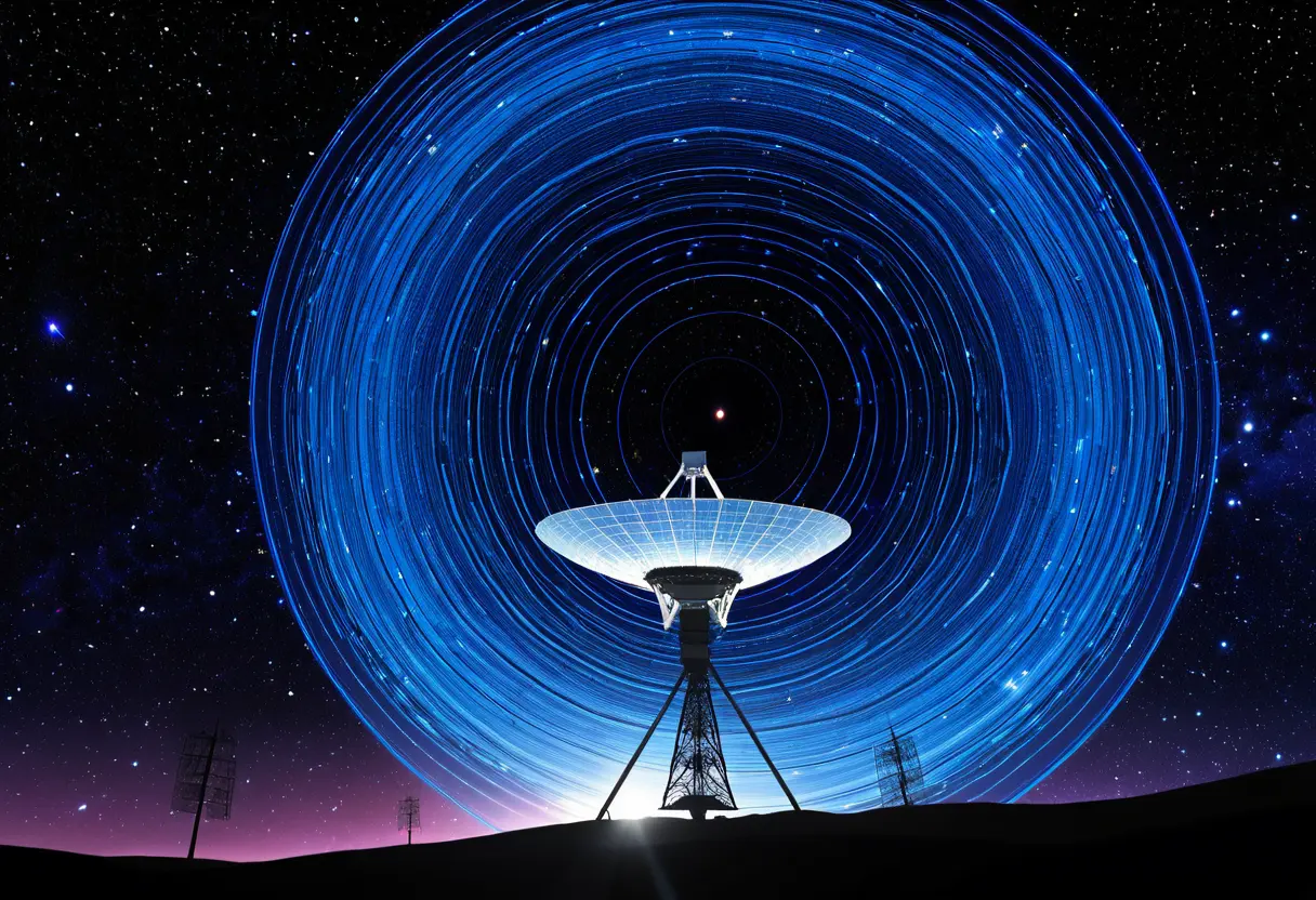 宇宙の暗闇の中、一つの点から放射状に広がる強力な青い電波の波形。それが地球の電波望遠鏡に到達する様子。