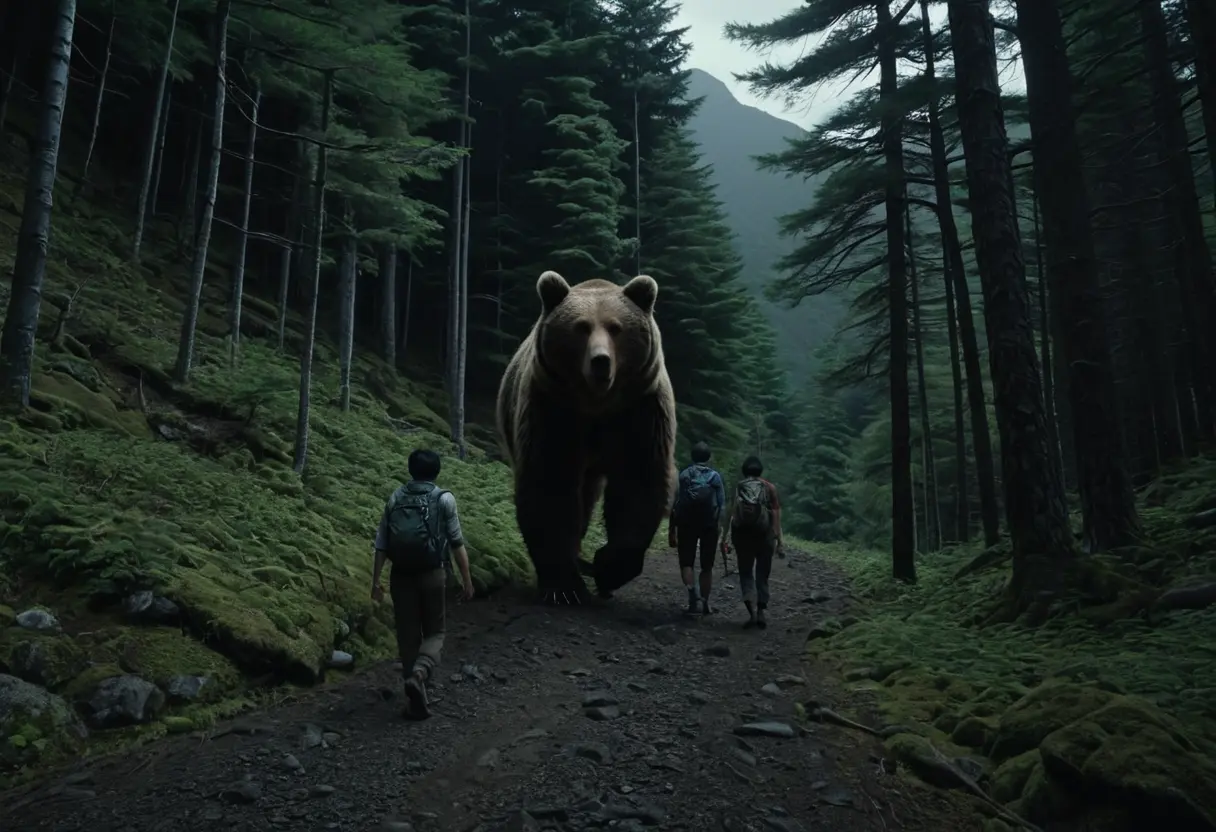 大自然の山脈を歩く登山者たちと、背後に見え隠れする巨大なヒグマの影