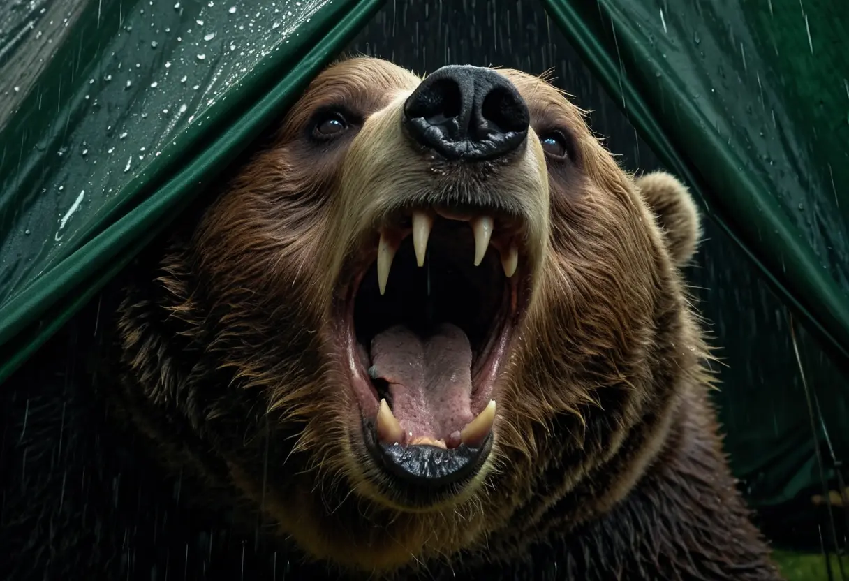 暗い山中でテントを切り裂くヒグマの爪と、恐怖に怯える様子を示す緊迫したシーン