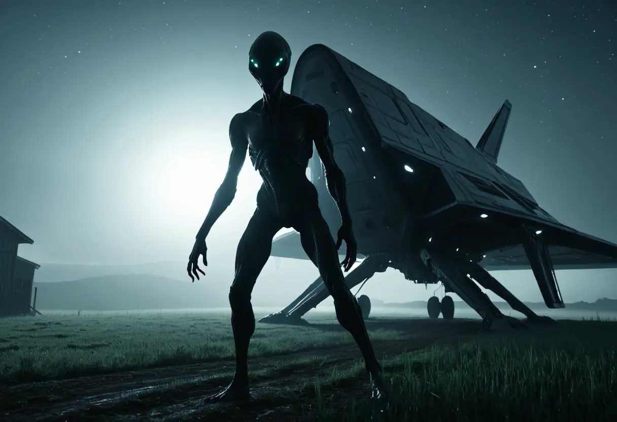 強い光を背に受けて立つ、華奢で頭の大きな人型生命体のシルエット。