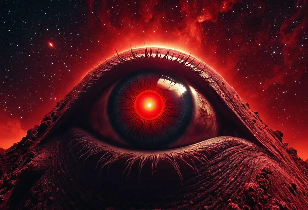 夜空を埋め尽くすような巨大な惑星。その表面には巨大な眼球のような模様があり、地球のこちら側を冷酷に、そしてどこか楽しげに見つめている。