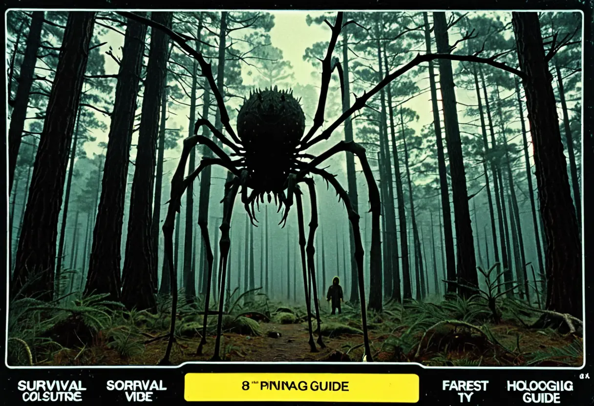 1980年代のキャンプ映像。薄暗い森の背景に、異常に細長い手足を持った、蜘蛛のような生物が立ち止まってこちらを見ている。画面上部には「SURVIVAL GUIDE」という黄色のテロップ。