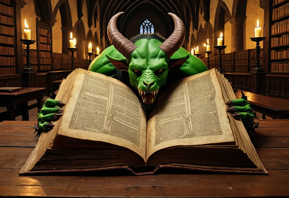 巨大な写本が机の上に開かれ、そこには不気味な、緑色の肌をしたツノのある悪魔が立ち上がっている様子が描かれている。
