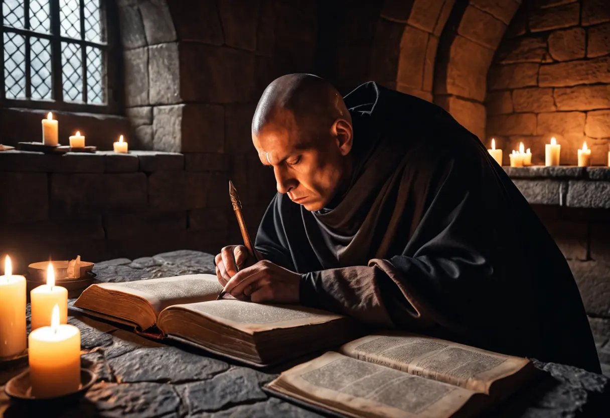 全身をフードで覆った修道士が、一筋の光だけを頼りに、巨大なペンで羊皮紙に微細な文字を書き続けている、狂気と神聖さが同居する場面。