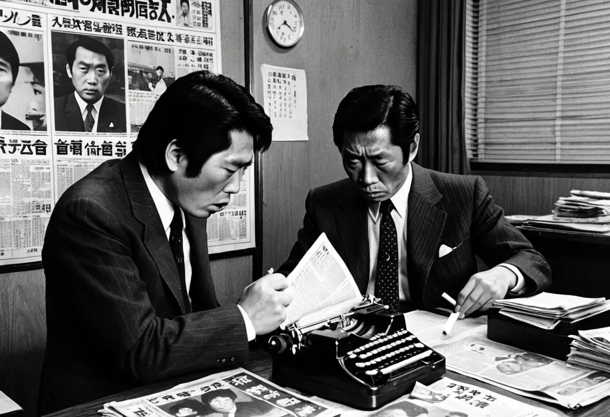 1980年代の新聞紙面を飾る「かい人21面相」からの挑戦状と、深刻な表情の捜査員たち