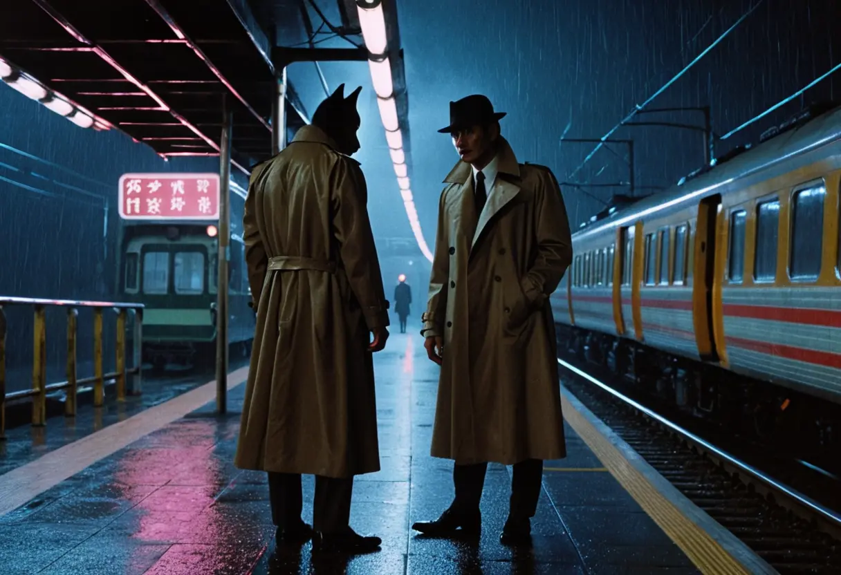 深夜の駅のホームで、こちらを冷ややかに見つめる鋭いキツネのような目をした男のシルエット