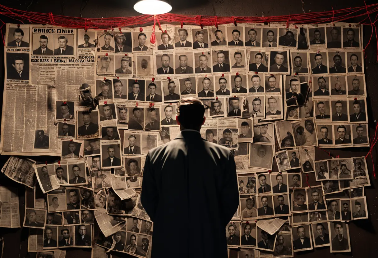 薄暗い部屋の壁一面に貼られた、無数の顔写真と新聞記事を赤い糸でつなぐ捜査室のピンボード