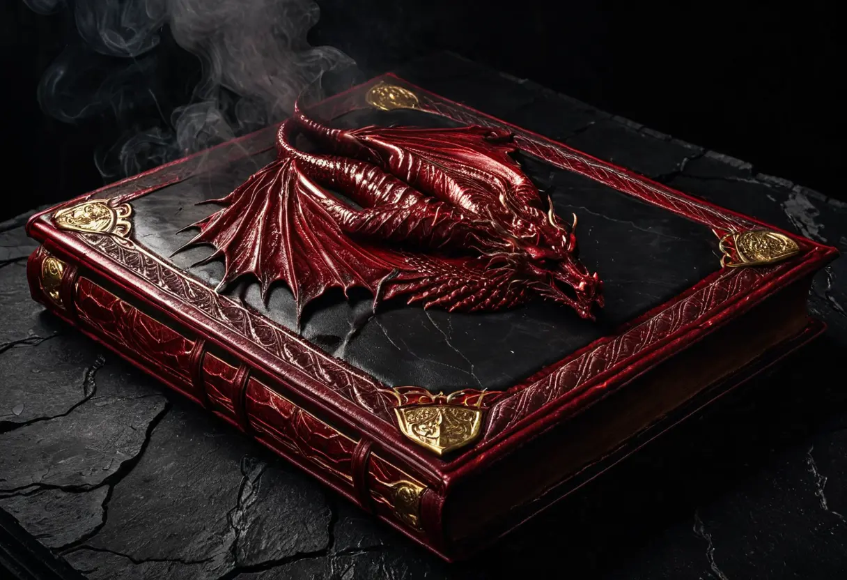 赤い革で装丁された不気味な魔道書。表紙には翼の生えた邪悪な竜の刻印があり、書斎の机の上で不気味な熱気を放っている。