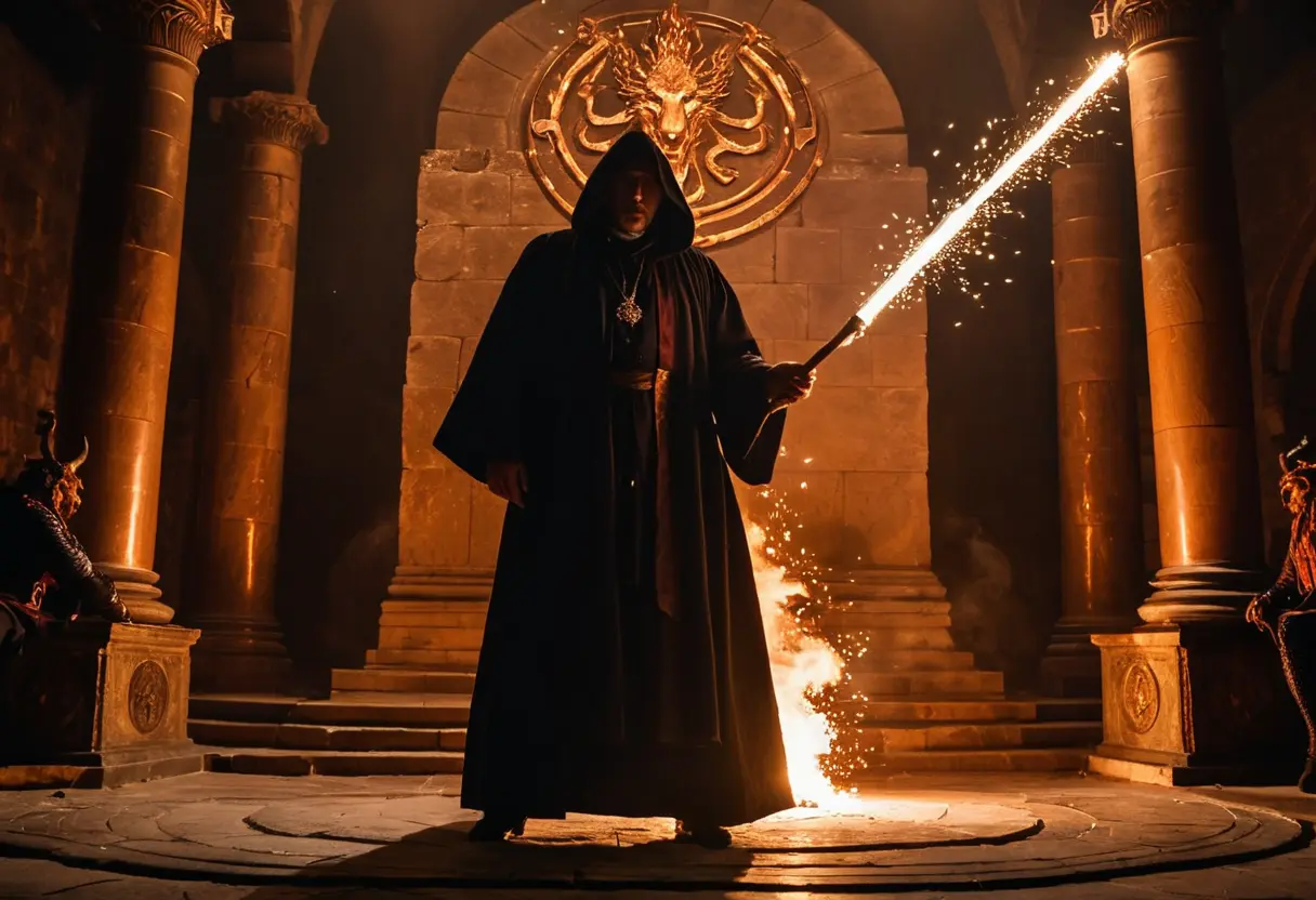 炎の魔法陣の中心で、黒いローブを着た術者が二叉の杖を突き出し、影の中から現れた燕尾服を着た不気味な悪魔と対峙している。