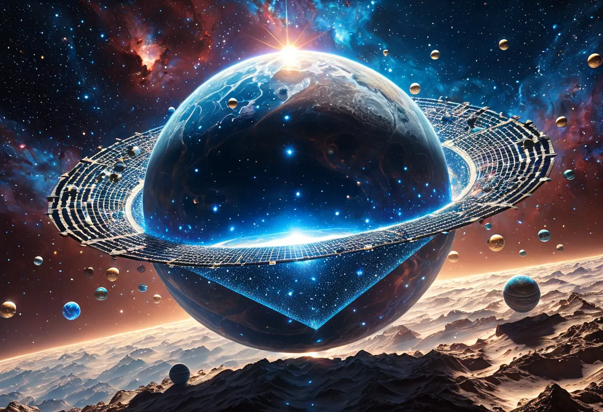 宇宙空間に漂う巨大な何層もの「ふるい」。数えきれないほどの惑星が引っかかって砕け散っているが、一つだけ地球に似た惑星がそれを通り抜けようとしている。