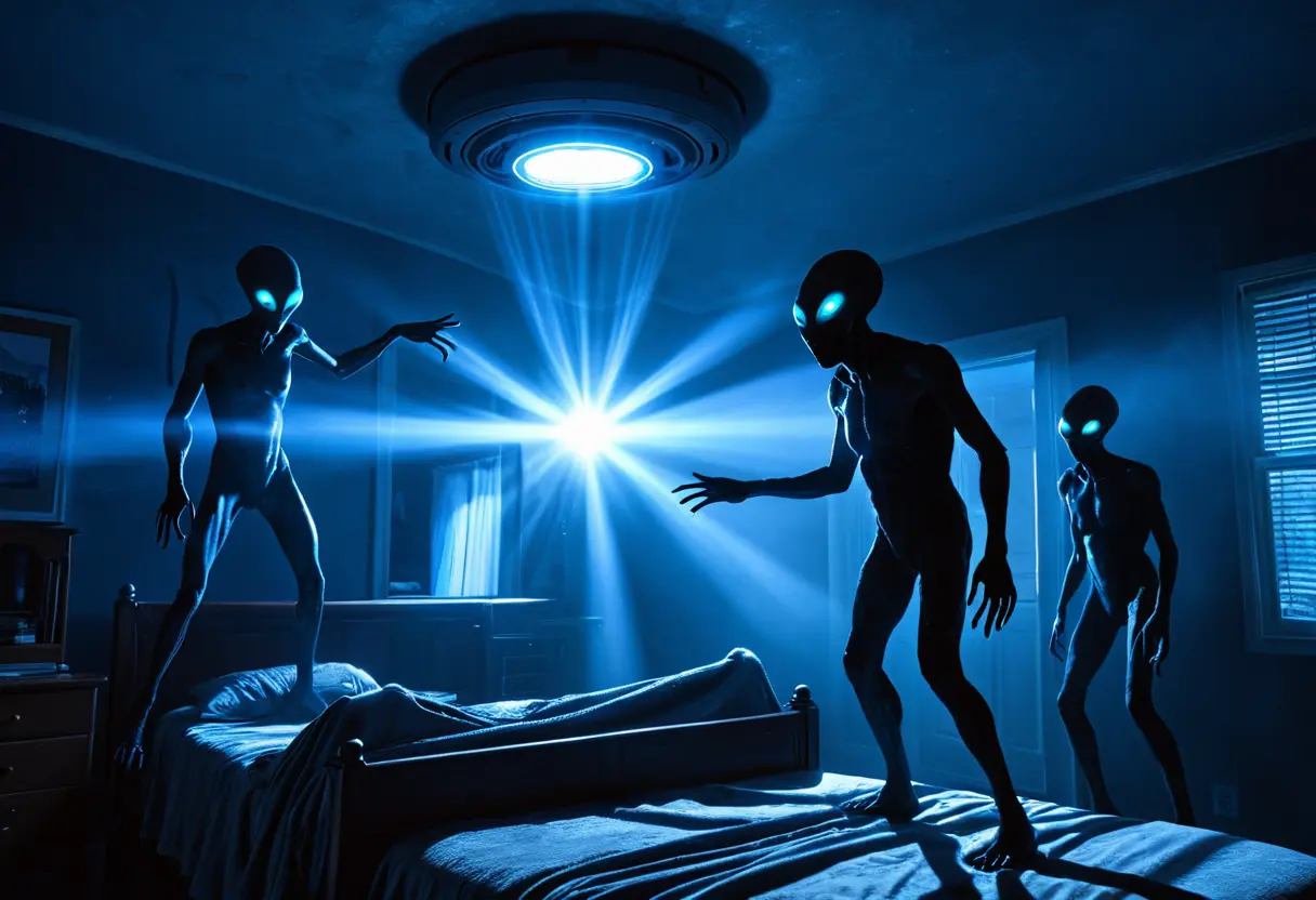 夜の寝室、開いた窓から差し込む青白い光の中に、数人のグレイが立っている。浮遊感のある不気味な情景。
