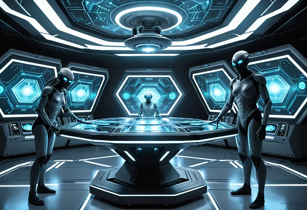 高度なテクノロジーが光る、清潔で冷たい実験室のような場所。グレイたちが不可解な装置を操作している。