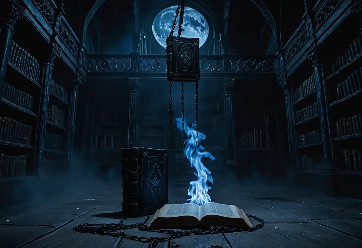 鎖で繋がれた古びた黒い装丁の書物が、宙に浮きながら青白い炎に照らされている、不気味で魅力的な書斎。